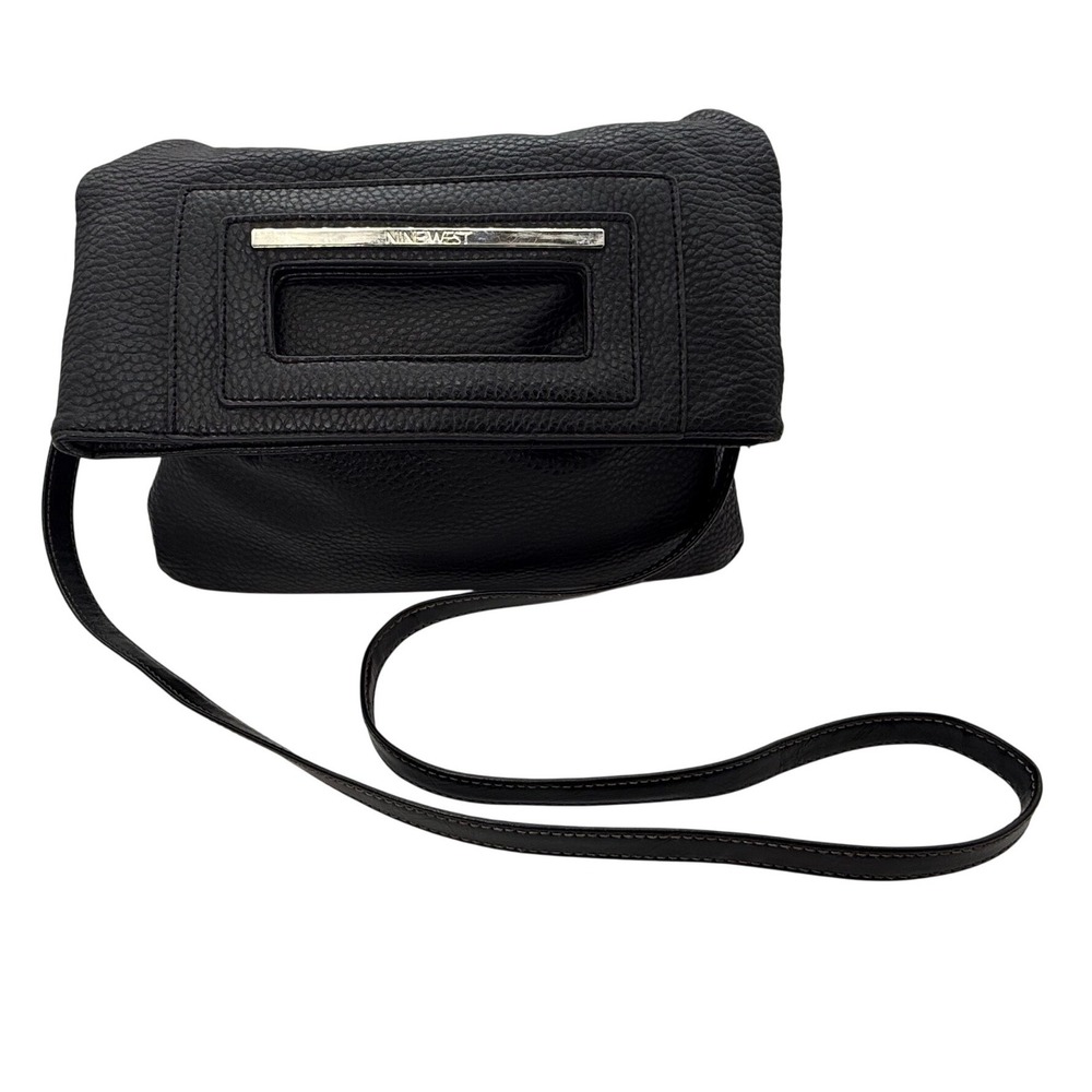 Nine West Black Pebbled Faux Leather Foldover Crossbody Bag Cutout Handle Detail